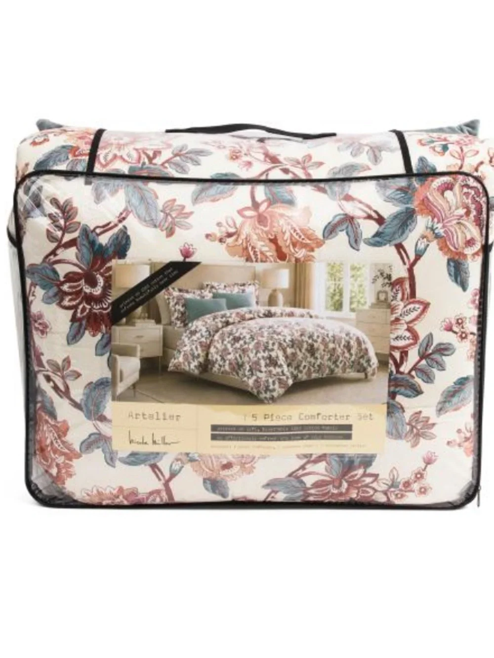 Nicole Miller Floral Print Comforter Set - Cream with Blue & Rose Accents